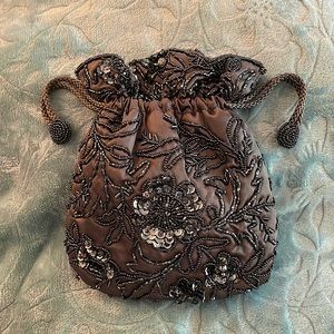 Beautiful satin beaded Magid clutch-shoulder purse. Lined. Approx 8”x7”, 8” deep